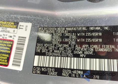 2020 Toyota Highlander Xle из США, поврежденный, VIN 5TDHZRAHXLS027905